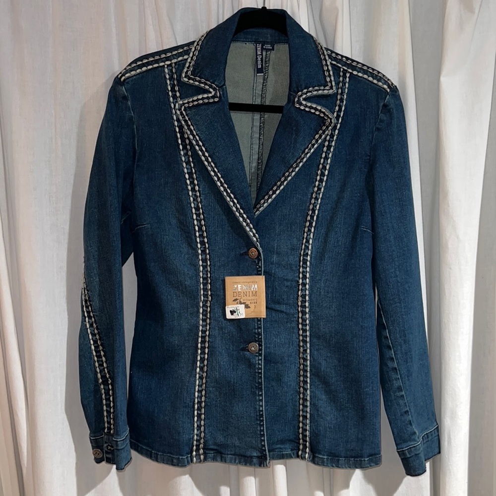 Zenim DENIM long blazer style with white princess seams & sleeve details-NWT